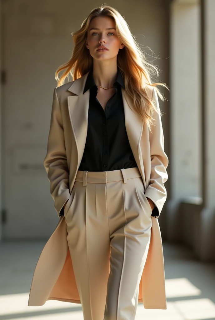 Create an image of a 25-year-old blonde woman with an inverted triangle silhouette wearing beige Oxford pants, with a jacket of the same color and a black blouse