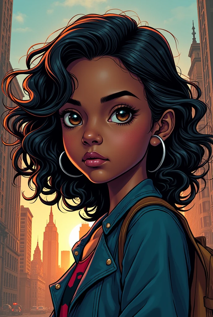 create an image of a 15-year-old teenage girl with dark skin and shoulder-length curly hair and black, large dark brown eyes, a large pink mouth with well-defined cheekbones and a slightly large nose, the image must be made with DC comics lines, E no fundo, some buildings. put Bruce Wayne without the Batman costume next to her 
