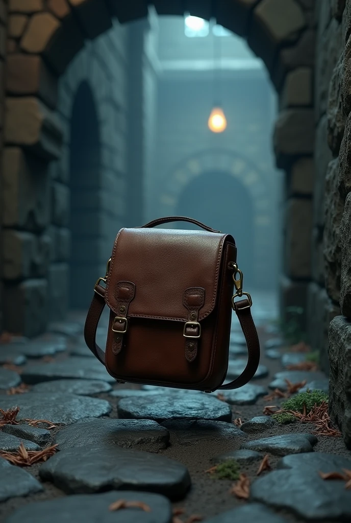 a crossbody bag saruê, running in a dungeon