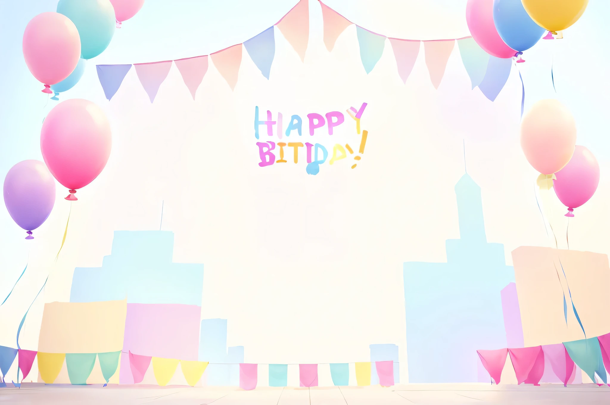 Close-up of a birthday card with balloons and flags, summer festival in background, background(solid), stage background, carnival background, Midsommar Color Theme, Wide Scene, basic background, Bright atmosphere, background colorful, on simple background, ballroom background, background image, iconography background, No text, Decorated height, Lighthearted celebration, Bright and happy atmosphere