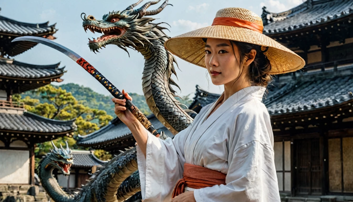 Painting of a woman in a white robe and straw hat holding a katana and a dragon at her side, in the background ancient city of japan, 8k best quality
