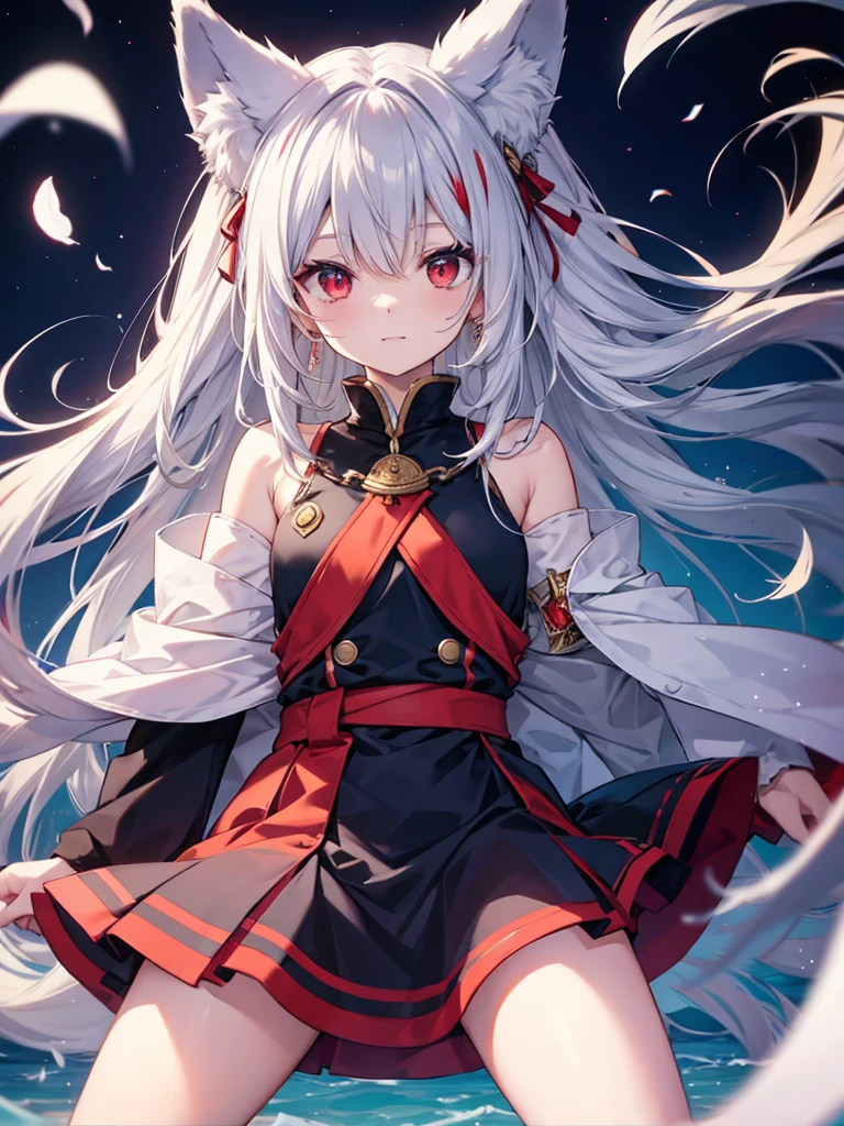 Long Hair, Red eyes, Fox Ears, Attention to detail, Silver Hair, Both sides up, Animal ears , happiness/joy, anime, Spread your legs　Swaying in the Wind　Fox&#39;s Tail　Twin Side Up　smile　Too much exposure　Light clothing　Forward bending　Rear view of buttocks, Dutch Angle, 