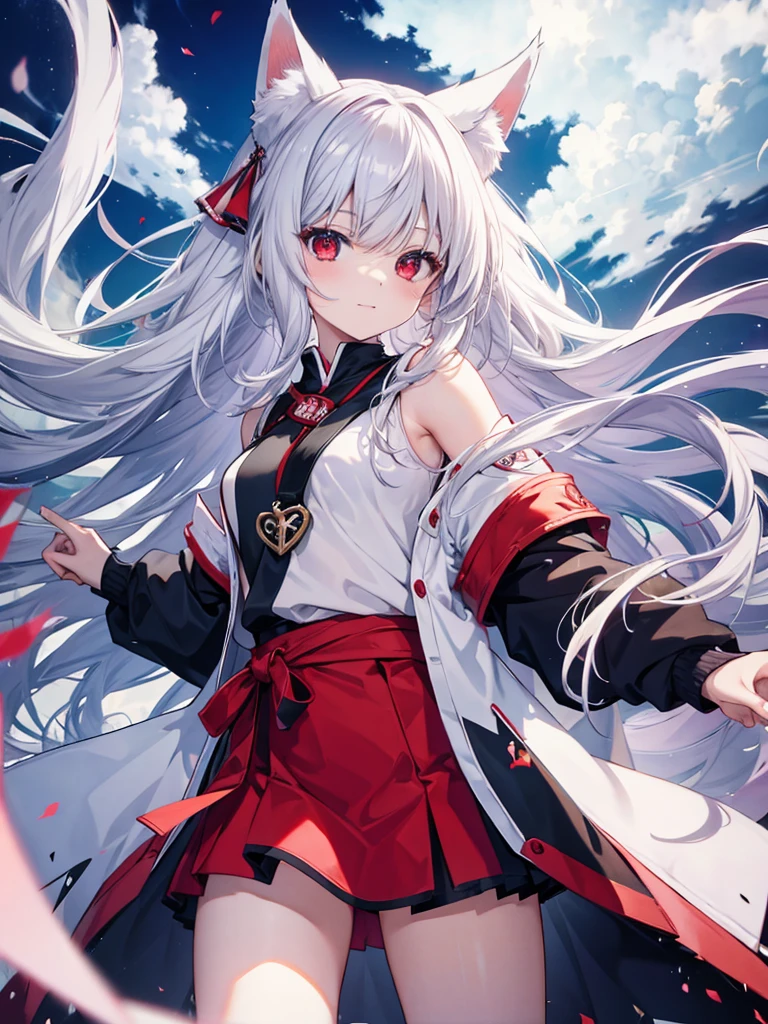 Long Hair, Red eyes, Fox Ears, Attention to detail, Silver Hair, Both sides up, Animal ears , happiness/joy, anime, Spread your legs Swaying in the Wind Fox's Tail Twin Side Up smile Too much exposure Light clothing Forward bending Rear view of buttocks, Dutch Angle,