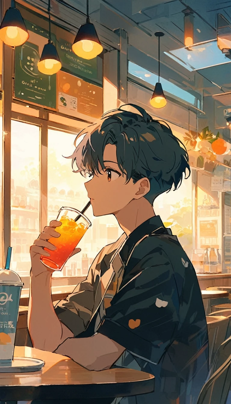 anime guy drinking a drink in a cafe with a window, artwork in the style of guweiz, guweiz, 4k anime wallpaper, young anime man, anime art wallpaper 8 k, anime wallpaper 4k, anime wallpaper 4 k, anime. soft lighting, anime wallaper, handsome anime pose, 4 k manga wallpaper