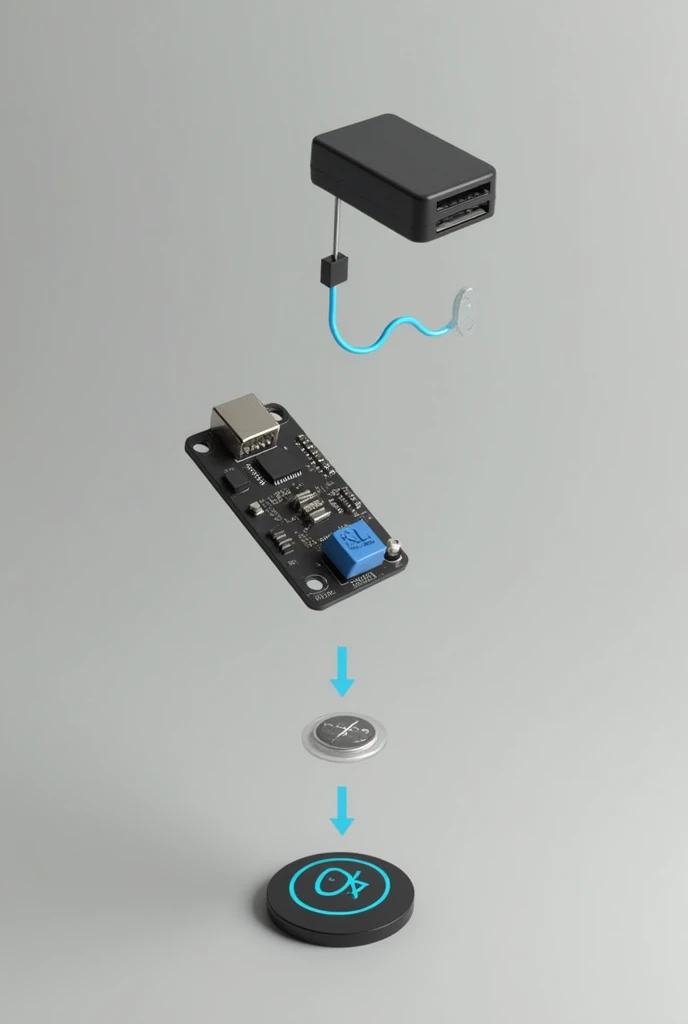 simple bluetooth tracker system diagram with a small Bluetooth module, small circuit boarf and a coin celk battery