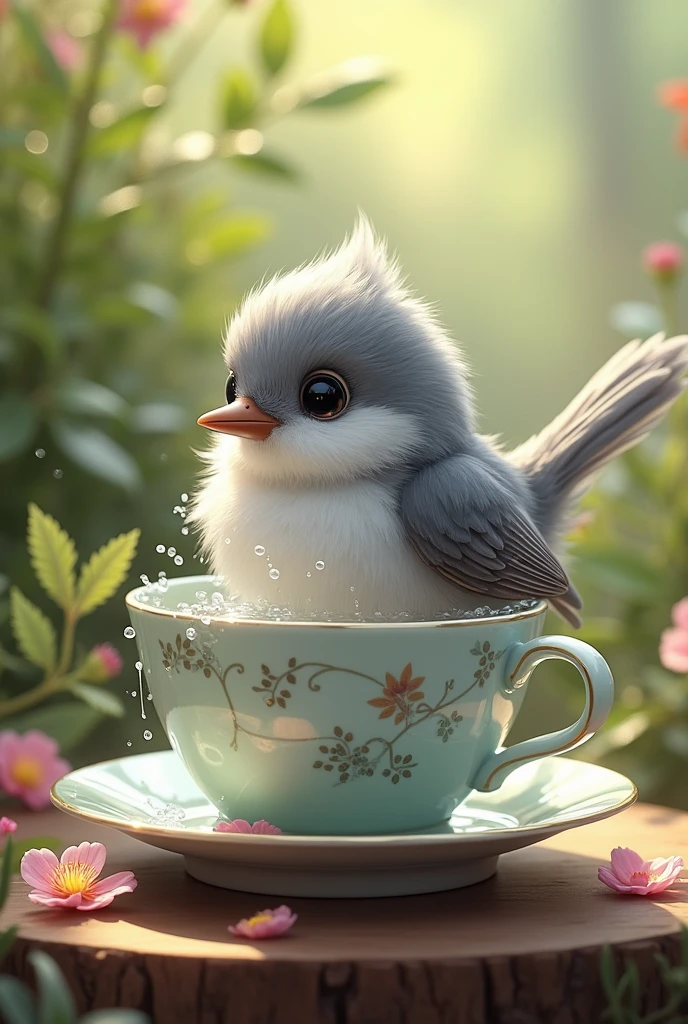 Create a slightly more realistic drawing, em 2d, very colorful, of a little gray bird, taking a bath in a teacup.