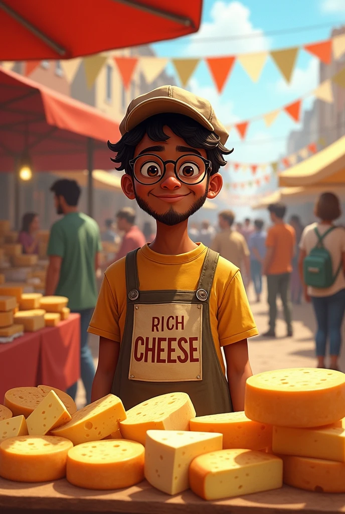 CREATE A DRAWING OF A BROWN-SKINNED BOY WEARING A CAP WITH A CLOSED BEARD WEARING GLASSES SELLING CHEESE AT A FAIR WITH THE WRITTEN SHIRT: RICH CHEESE