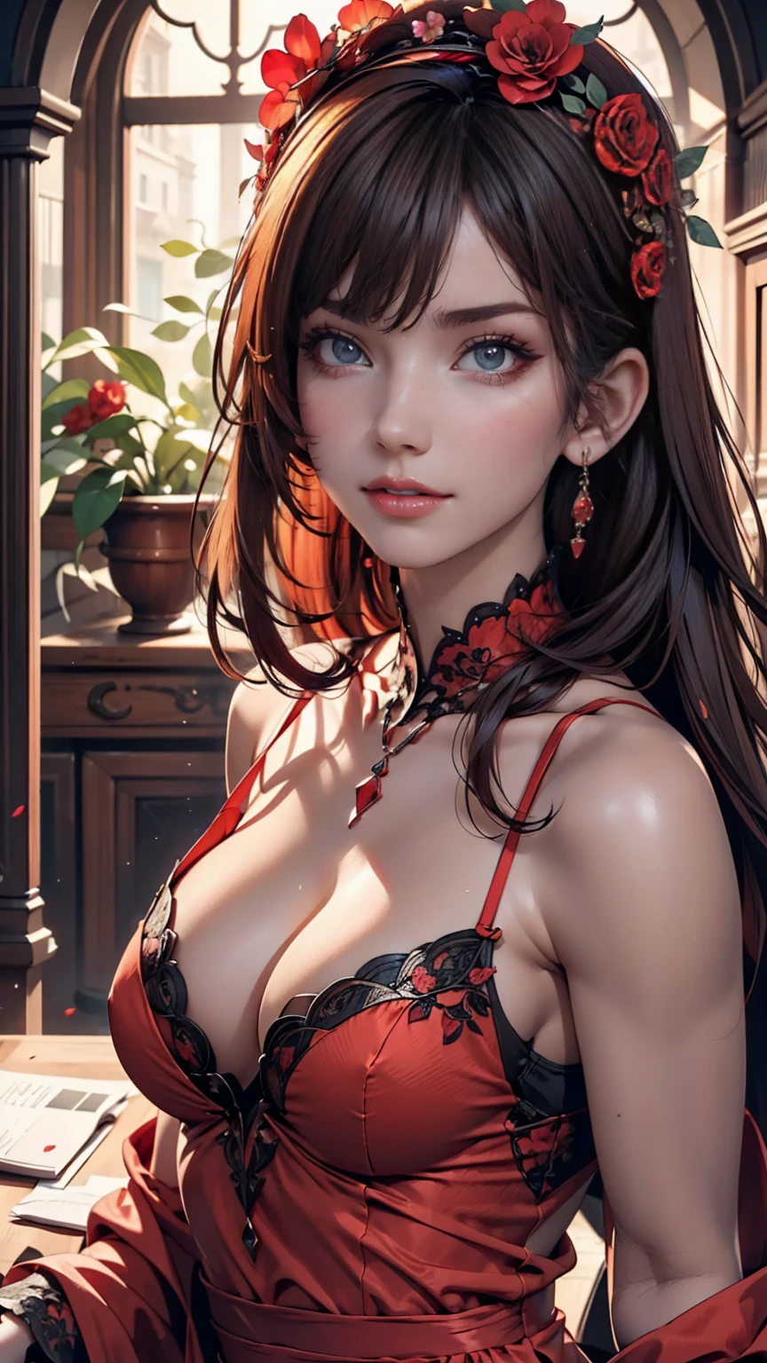 (masterpiece),(Highest quality:1.0), (Ultra-high resolution:1.0), Detailed illustrations, 8k, anime, One person, beautiful anime girl, Wearing a red dress, Flower Crown, Pretty face, Detailed face, Beautiful Eyes, Detailed eyes, Dark red eyes, Bright red lips, Red lipstick, Beautiful and stylish hair, Hair highlights, bangs anime style, Highest quality, Vibrant