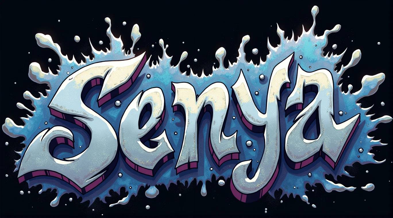 The word: Senya, drawn in graffiti art, on plain background, highly detailed, banner, Wild style graffiti