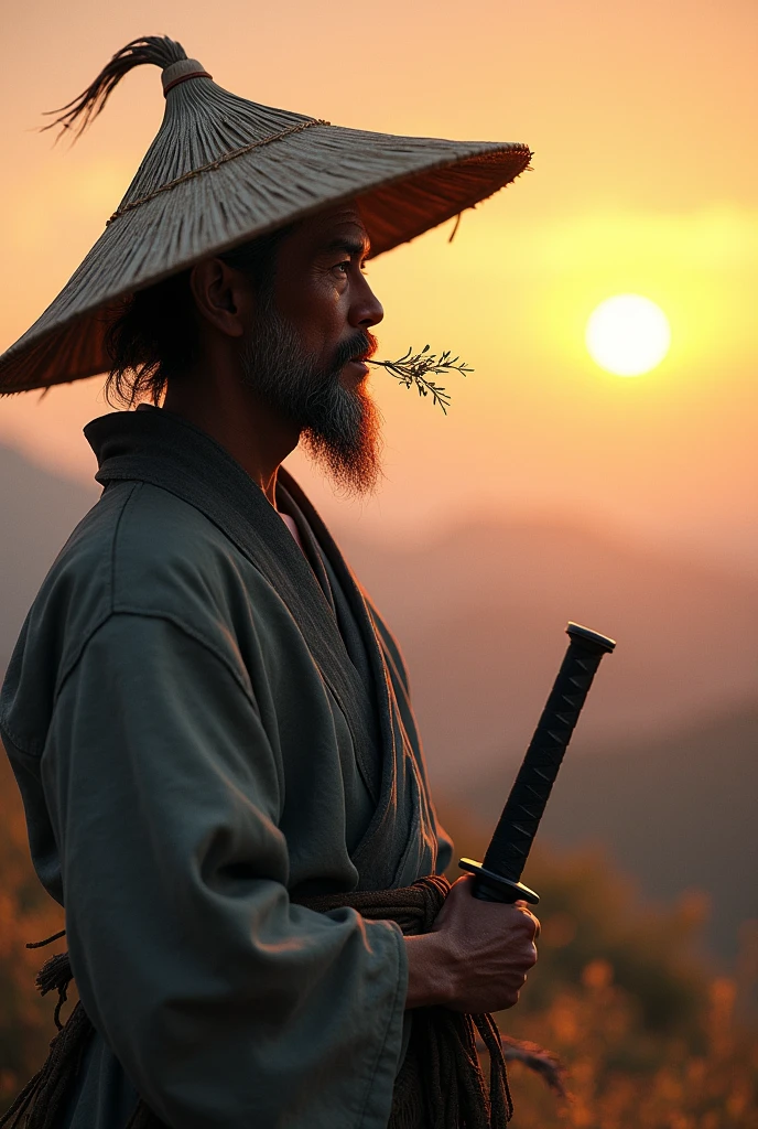 Crie uma wallpaper de uma samurai hermit com uma katana na cintura, and a small sprig of grass between the lips, make it so that it looks like he is looking at the horizon at dusk, with his hand on his sword and wearing stylish rags and a kasa straw hat