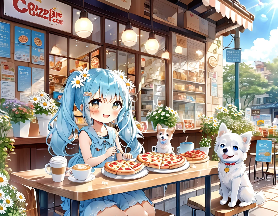Light blue long hair、Cute chibi character with twin tails、Eating a big pizza、A deliciously beautiful smile、A bright cafe with lots of sunlight、A lot of white daisies are displayed、My dog is with me
