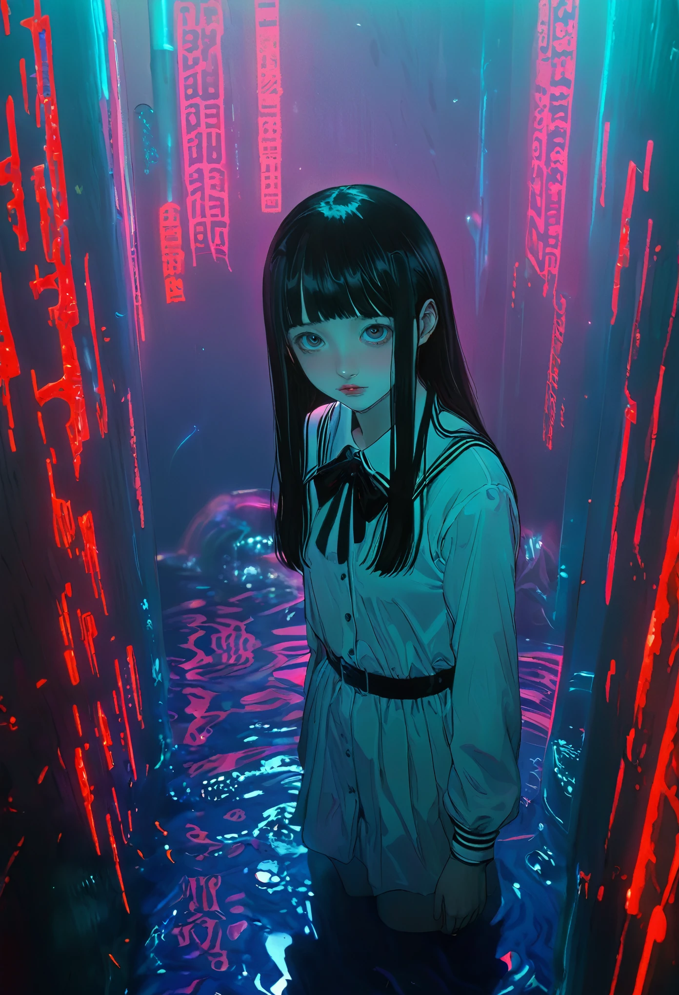 surreal horror, anime style, directed by Junji Ito, high contrast, vivid colors, eerie atmosphere, psychological tension, intricate line work, nightmarish creatures