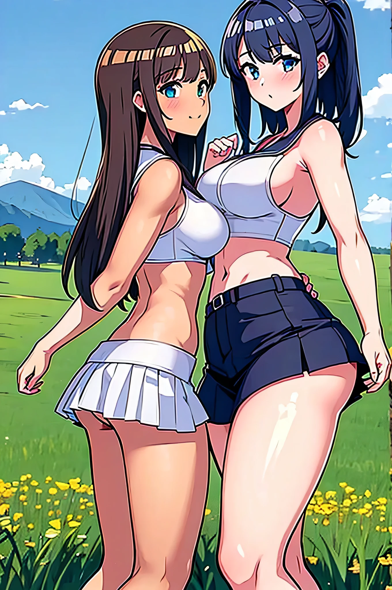 2 girls on vacation in sexy outfits on a meadow