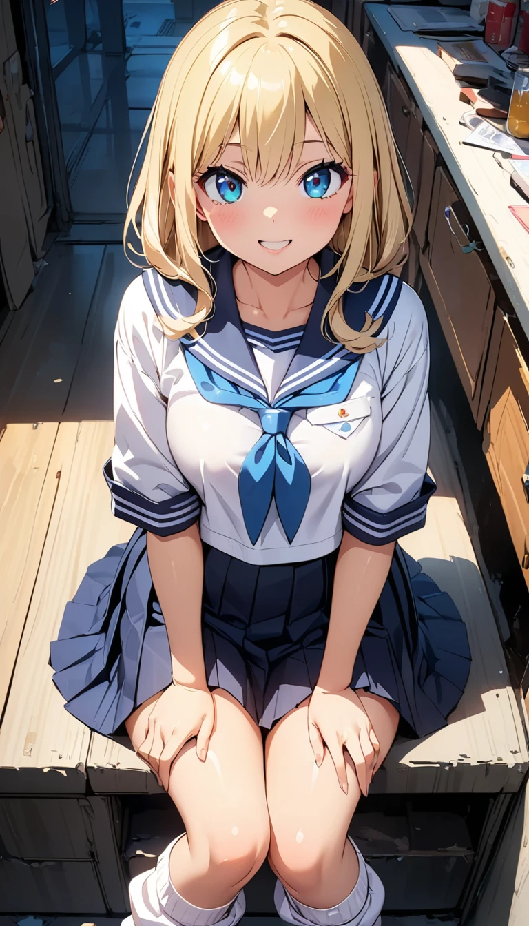 (Highest quality:1.2, 4K, 8k, Studio Anime, Very detailed, up to date, Vibrant, Attention to detail, High Contrast, masterpiece:1.2, Highest quality, Best aesthetics), (((1 person))), Sit and pose, JK, Sailor suit, Pleated skirt, loose socks, loafers, Open your mouth a little:1.2, smile, Dynamic Angle, look up:1.3, Friendly atmosphere, Beautiful blonde, Shiny Hair, Beautiful Skin, Detailed face and eyes, Glossy Lips, Curvy Women, Striking contrast,