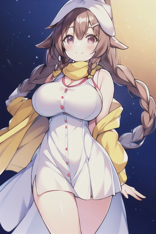 Korone, smile, dog ears, dog tail, twin braids, sidelocks, hair ornament, ((white dress)), yellow jacket, dress, jacket, open clothes, open jacket, short dress, sleeveless dress, huge breasts, thick thighs, mature female, bandana, scarf, hourglass figure, arms behind back, standing,