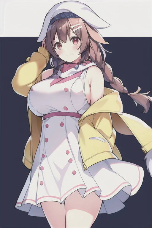 Korone, smile, dog ears, dog tail, twin braids, sidelocks, hair ornament, ((white dress)), yellow jacket, dress, jacket, open clothes, open jacket, short dress, sleeveless dress, huge breasts, thick thighs, mature female, bandana, scarf, hourglass figure, arms behind back, standing,