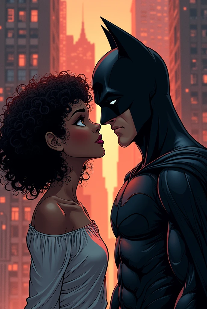 create an image of a -yeld tewith dark skin and shoulder-length curly hair and black, large dark brown eyes, a large pink mouth with well-defined cheekbones and a slightly large nose, the image must be made with DC comics lines, E no fundo, some buildings. put Bruce Wayne without his Batman costume next to her and make them fall in love with each other