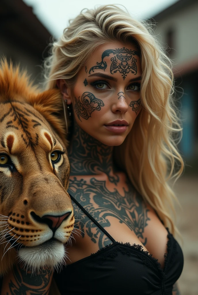 A blonde beauty with Mexican gangster-style tattoos on her face and a lion