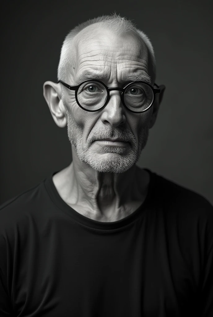 Caucasian man thin face drooping nose, white bearded, shaved head with no hair on the sides, round glasses with dark lenses,thin lips, black tee