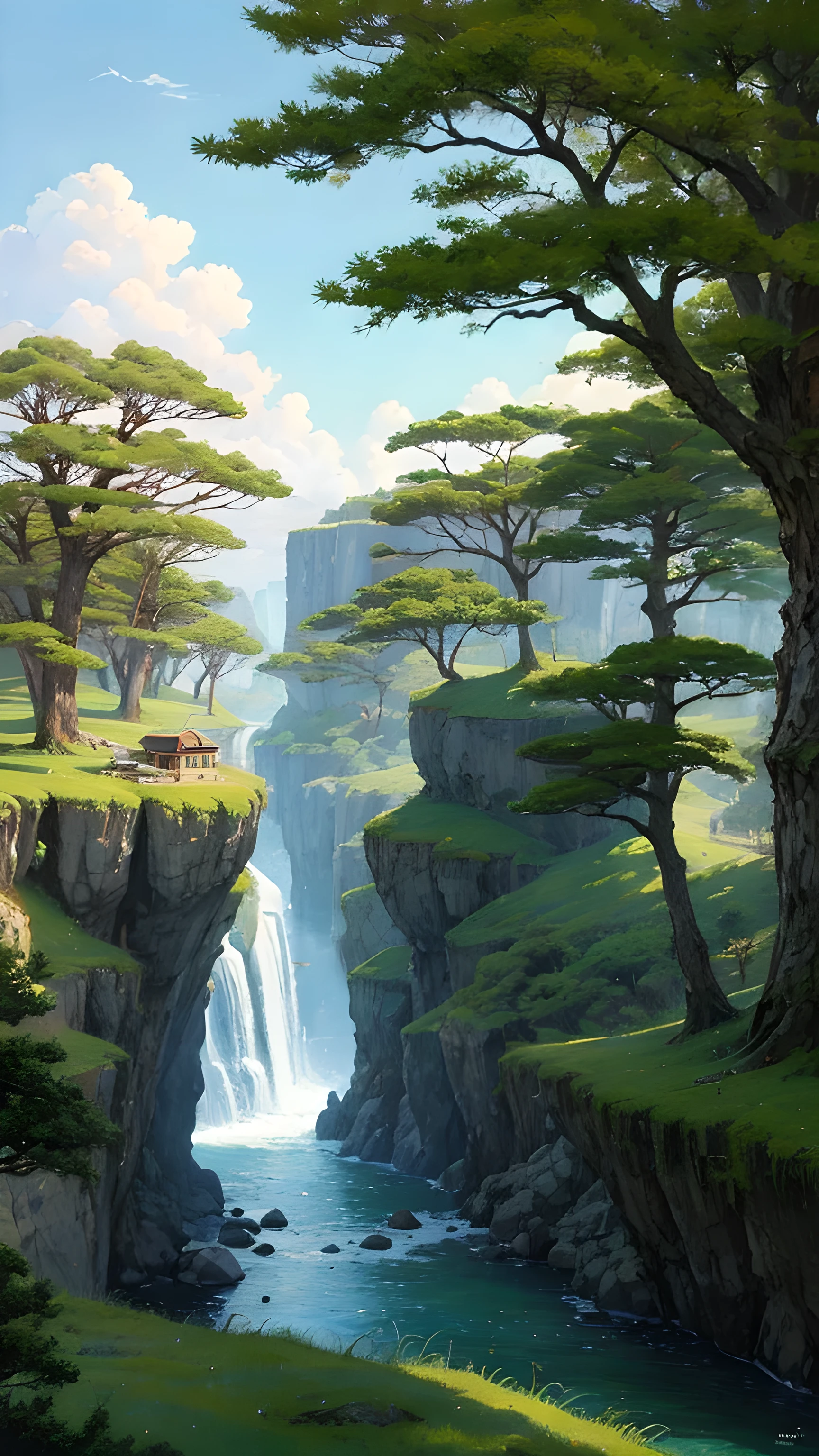 Practical, for real, Beautiful and stunning landscape oil painting Hayao Miyazaki Studio Ghibli&#39;Petal grassland with blue sky and white clouds--v6