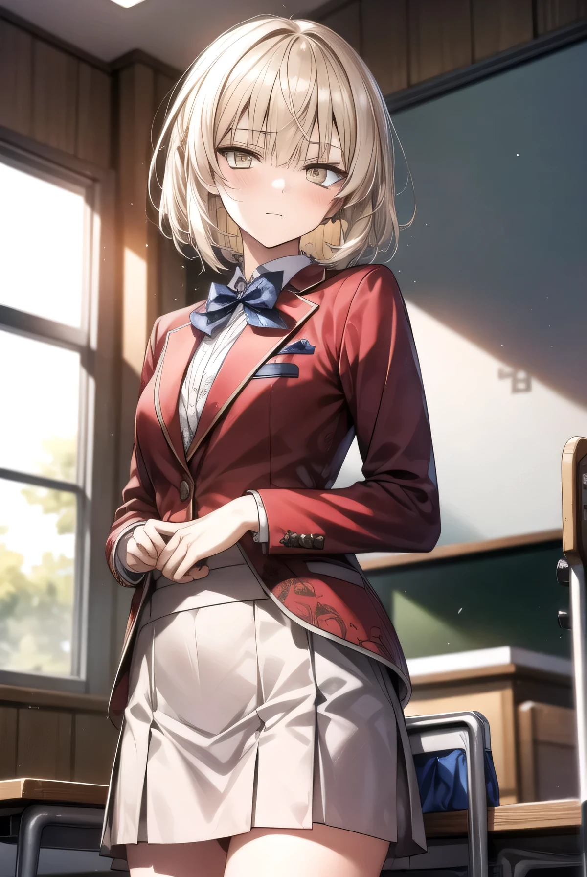 Messy hair, short blonde hair, (yellow eyes:1.3),
BREAK bow, school uniform, jacket, bowtie, blue bowtie, blazer, (red blazer:1.5), skirt, white skirt,
BREAK indoors, classroom,
BREAK thinking, looking at viewer, (cowboy shot:1.5),
BREAK (masterpiece:1.2), best quality, high resolution, unity 8k wallpaper, (illustration:0.8), (beautiful detailed eyes:1.6), extremely detailed face, perfect lighting, extremely detailed CG, (perfect hands, perfect anatomy), cool posture 