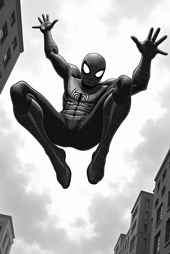 spider man falling from the sky black and white but with two hands
