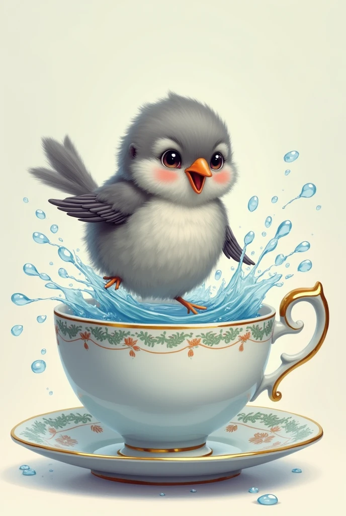 Create a slightly more realistic drawing, em 2d, very colorful, of a little gray bird, taking a bath in a teacup., spreading a lot of water 