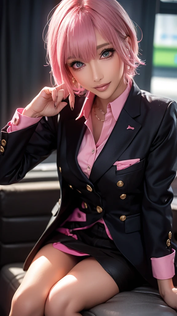 (Highest quality), Realistic, (live-action),(Short Hair,Sharp bangs)Showing off your crotch,Highest quality,Highest quality,8k images,Pink Hair,High heels,school uniform,(破れたschool uniform)Small face,((Big Breasts))