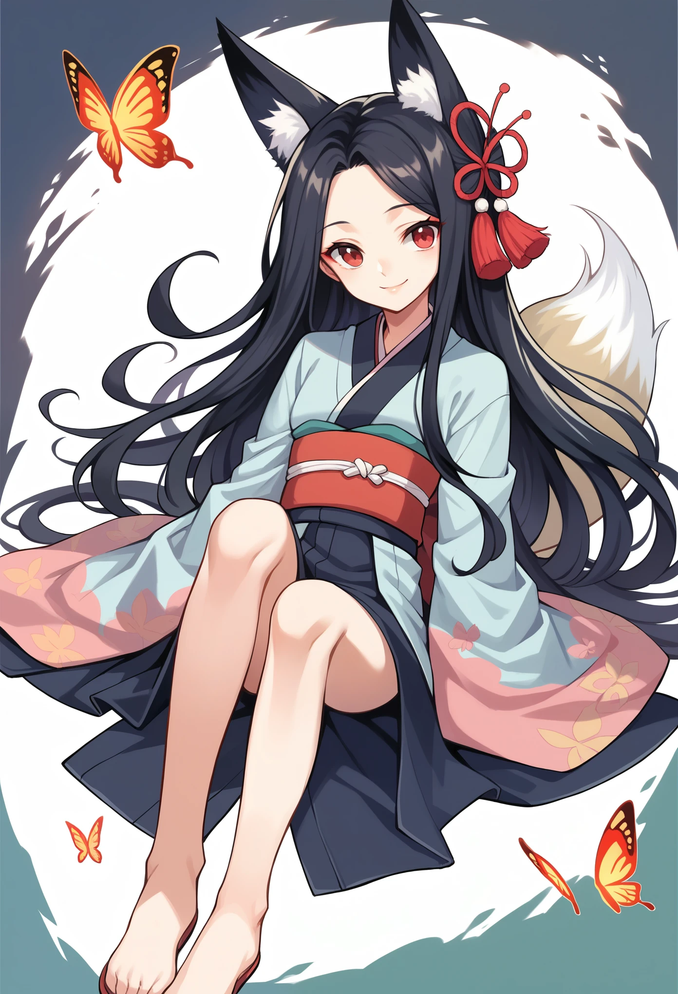 (masterpiece:1.2, Highest quality),(Anime Style),Visible from the knees to the head, Villain,smile,Young Girl,Animal ears,Fox Ears,Red Eyes,Black Hair,Long Hair,The forehead looks wide,Japanese clothes with butterfly pattern,Japan,Japanese-style room