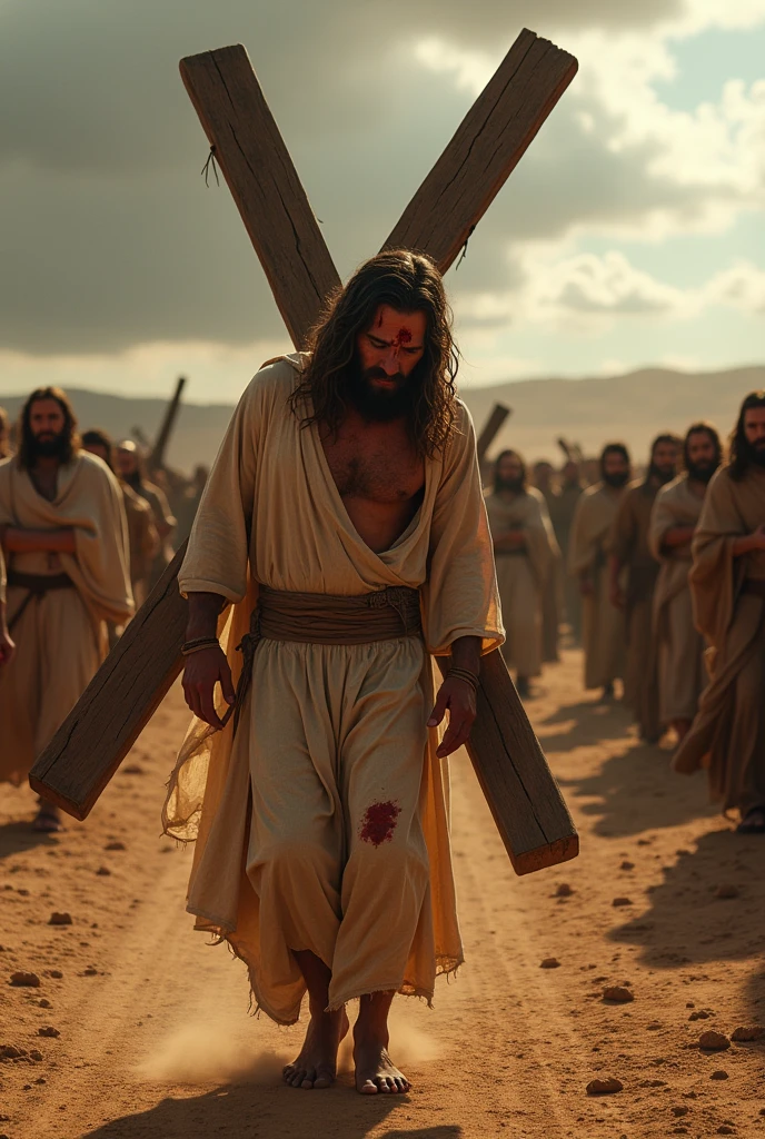
"Jesus Christ walking towards his crucifixion, carrying a heavy cross on his back. The scene should be cinematic in style, with maximum quality and advanced levels of detail. The setting is arid, with a dramatic sky, dark clouds foreshadowing the tragedy. Jesus, visibly exhausted and wounded, shows an expression of determination and suffering. His feet leave marks in the dusty ground as the rough wooden cross weighs heavily on his shoulders. Around him, a crowd watches in silence, some with expressions of compassion, others with indifference. The details should capture the texture of the cross, Jesus' torn and blood-stained clothes, and the heavy, emotionally charged atmosphere."