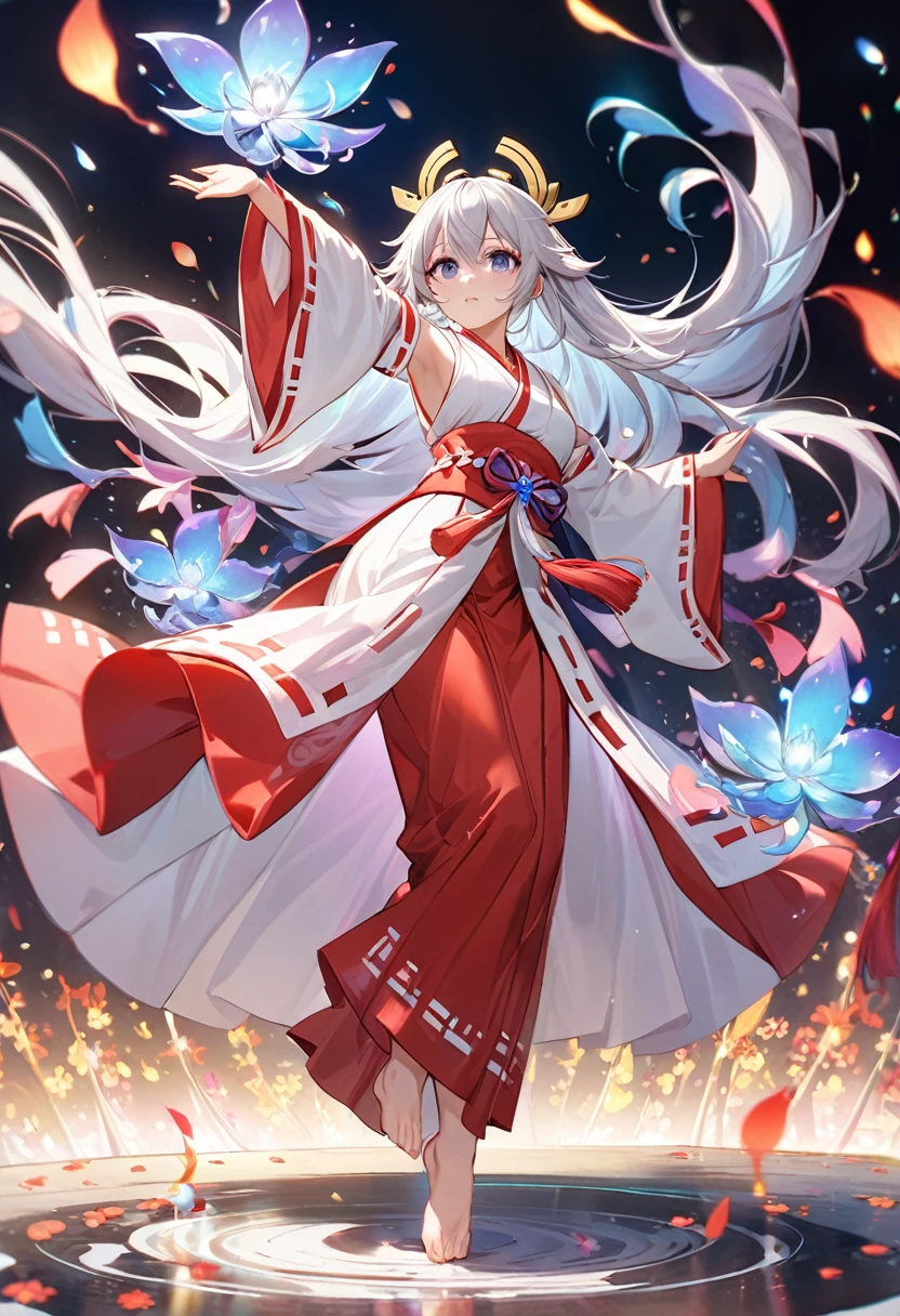 High definition、Miko costume、Half vermilion long silver hair、Full body portrait、beautiful girl、Long-hemmed outfit、Big iridescent eyes、Powerful eyes、Dancing Kagura Dance、Playing with spirits、Flowers sprout from beneath your feet