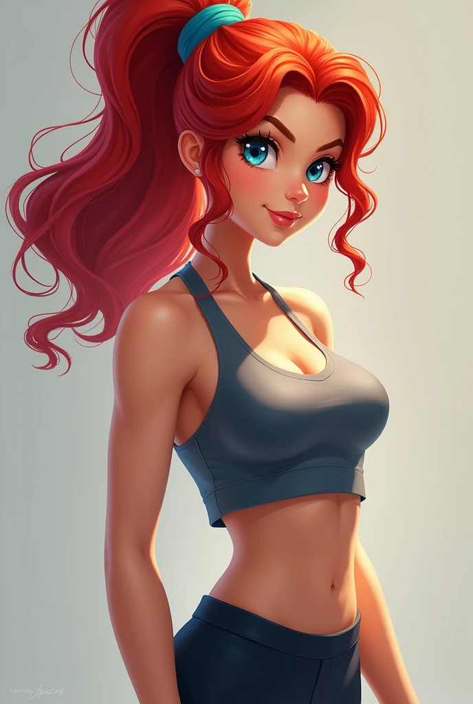 She has vibrant red hair, usually tied in a side ponytail. His eyes are big and blue, reflecting your energy and optimism. with light skin,  She has a youthful and athletic appearance, with a determined and confident posture that reflects his vibrant personality.