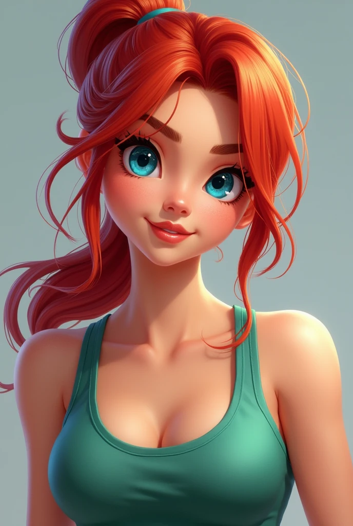 She has vibrant red hair, usually tied in a side ponytail. His eyes are big and blue, reflecting your energy and optimism. with light skin, She has a youthful and athletic appearance, with a determined and confident posture that reflects his vibrant personality.