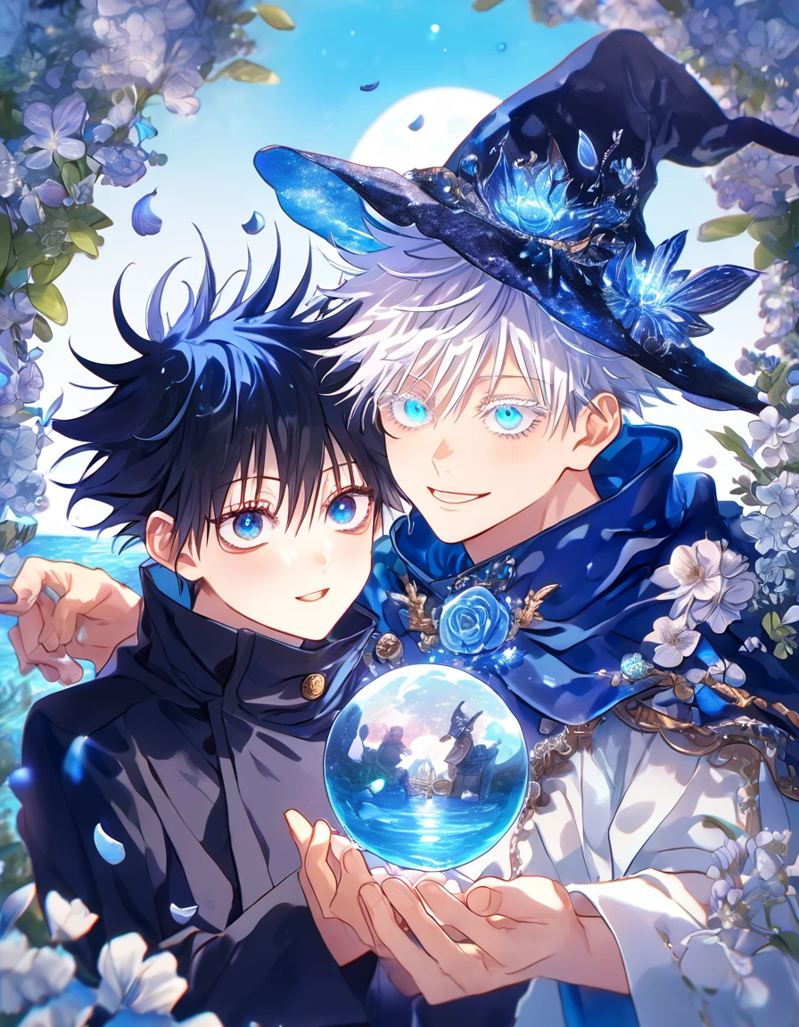 absurdres, highres, ultra detailed, HDR, master piece, Gojou Satoru, white hair with bangs, white eyelashes, expressive blue eyes, Fushiguro Megumi, black hair, expressive blue eyes, expressive blue eyes, Jujutsu Kaisen, magical hat, cute, best quality, blue moon, flowers, fantasy, magical, two boys hugging, yaoi, gay couple, water, blue shining fireflies, blue petals, cape, smiling, 