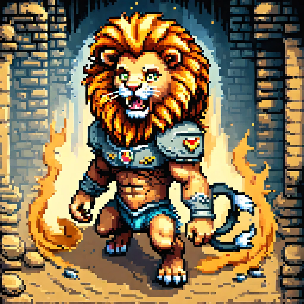 pixel art, 16 bits, Yamer_pixel_Fusion, (furry muscular lion),(platform game:1.1),pixel art,old school graphics,(best qualityer,4K,8k,high resolution,work of art:1.2),swirly vibrant colors,classic 8-bit sound effects,full of action,exciting gameplay,adventure levels,Detailed backgrounds,playable characters,powers,enemies,complicated obstacles,adrenaline rush,jump and run,Iconic characters,collecting coins,Bonus stages,multiplayer mode,Fast pace,nostalgia for retro games