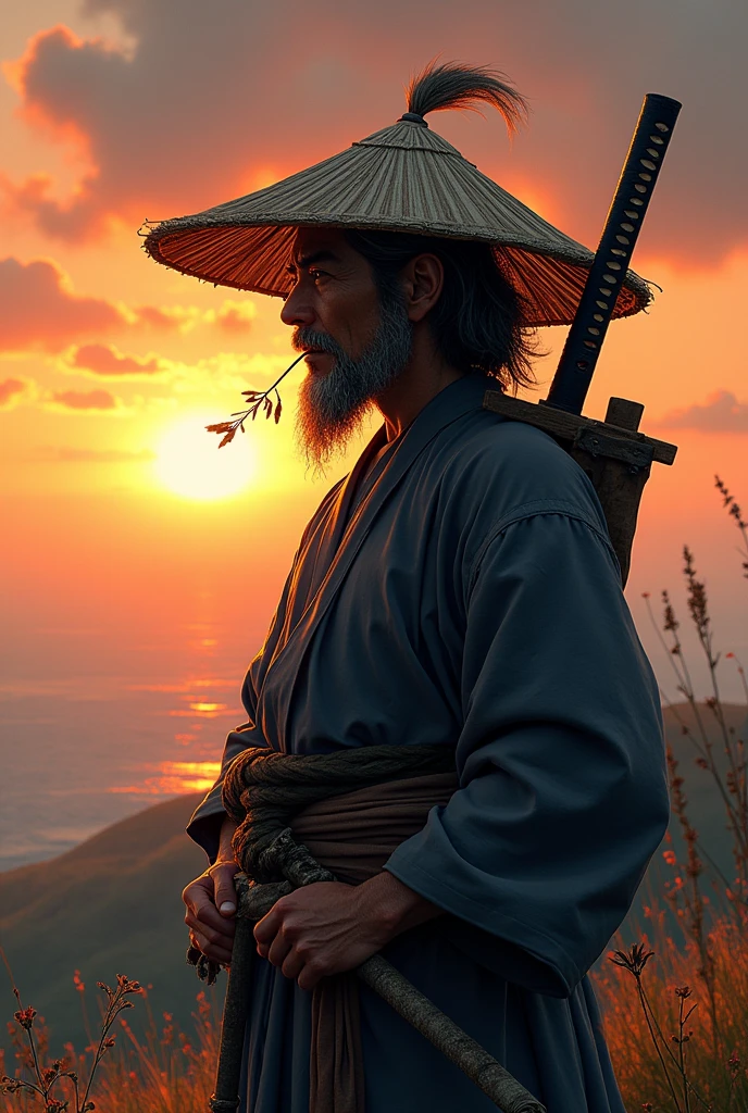 Crie uma wallpaper de uma samurai hermit com uma katana na cintura, and a small sprig of grass between the lips, make it so that it looks like he is looking at the horizon at dusk, with his hand on his sword and wearing stylish rags and a kasa straw hat he also wears an oni mask