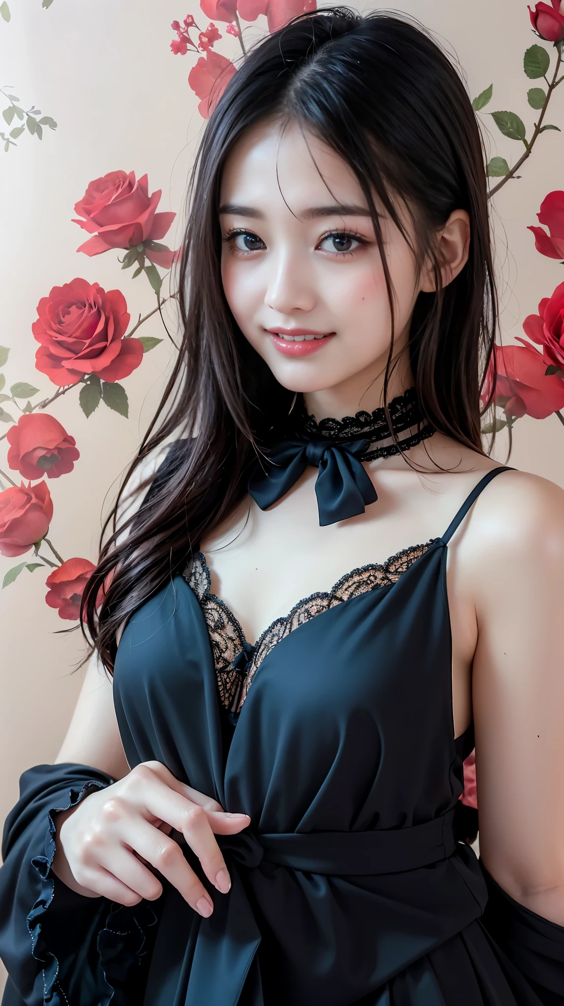 1 Nogizaka Musume、very cute、beautiful girl、19 years old、(Gothic Fashion)、Beautiful Face, Exquisite eye and skin detail、Are you okay, Shiny black hair、Elegant frills、Frilled tie、Ribbon tie、rose hair accessories、(Smiling at the camera)、(Cowboy Shot)、(European Seas)、Professional Lighting、break、(Realistic、Realistic:1.37)、8k、(masterpiece)、(Highest quality:1.4)、(Ultra-high resolution:1.2)、 (RAW Photos:1.2)、(Delicate lace、Soft fabric、beautiful rose pattern dress)、Perfect Anatomy、Four fingers and thumb、Seaside Background、(Wallpaper by Unity 8k)