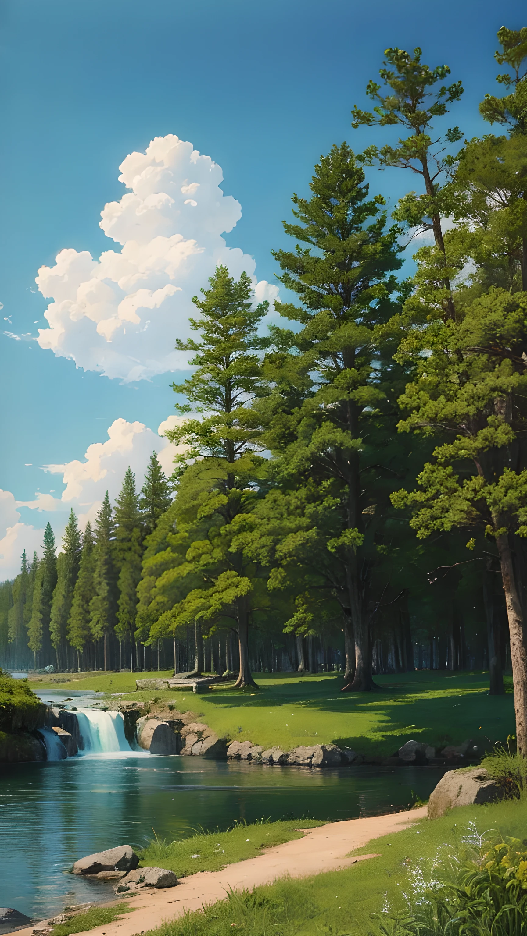 Practical, for real, Beautiful and stunning landscape oil painting Hayao Miyazaki Studio Ghibli&#39;Petal grassland with blue sky and white clouds--v6
