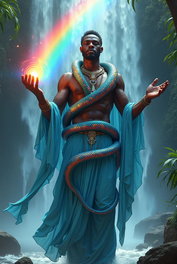 Orisha Black Man, light blue clothes, with a multicolored snake coiled around its body, in a waterfall, with a bright rainbow coming out of his hand