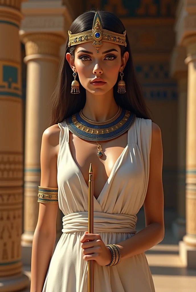 Close up shot , looking at viewer, Cleopatra queen 7 of Egypt standing in a ancient Egyptian palace, 30 BC, 30age old, (light brown hair, middle hair, black eye shadow black blew eyeline , Brown eyes, beautiful lip, serious), (lapis lazuli earrings, gold and lapis lazuli neckless, Pharaoh helmet), (big breasts, slender whist, wide hip) (White silk Egyptian clothes ,White skirt, sandal), (holding Pharaoh wand), sitting gorgeous kingdom chair, textured skin , HI detailed skin, (foreshortening, Canon, 8k, anatomically correct, super detail, high details, highness,