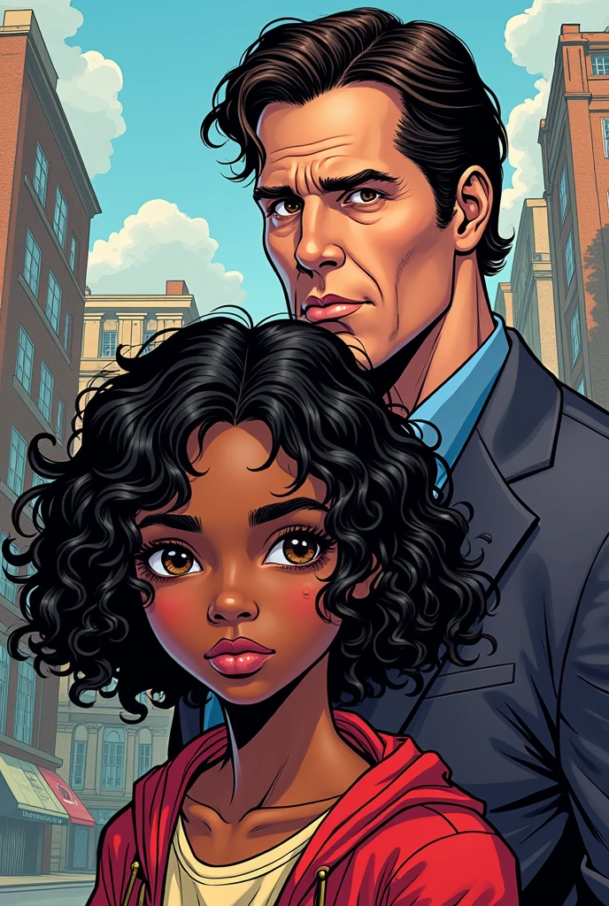 create an image of a 15-year-old teenage girl with dark skin and shoulder-length curly hair and black, large dark brown eyes, a large pink mouth with well-defined cheekbones and a slightly large nose, the image must be made with DC comics lines, E no fundo, some buildings. put Christian Bale next to her
