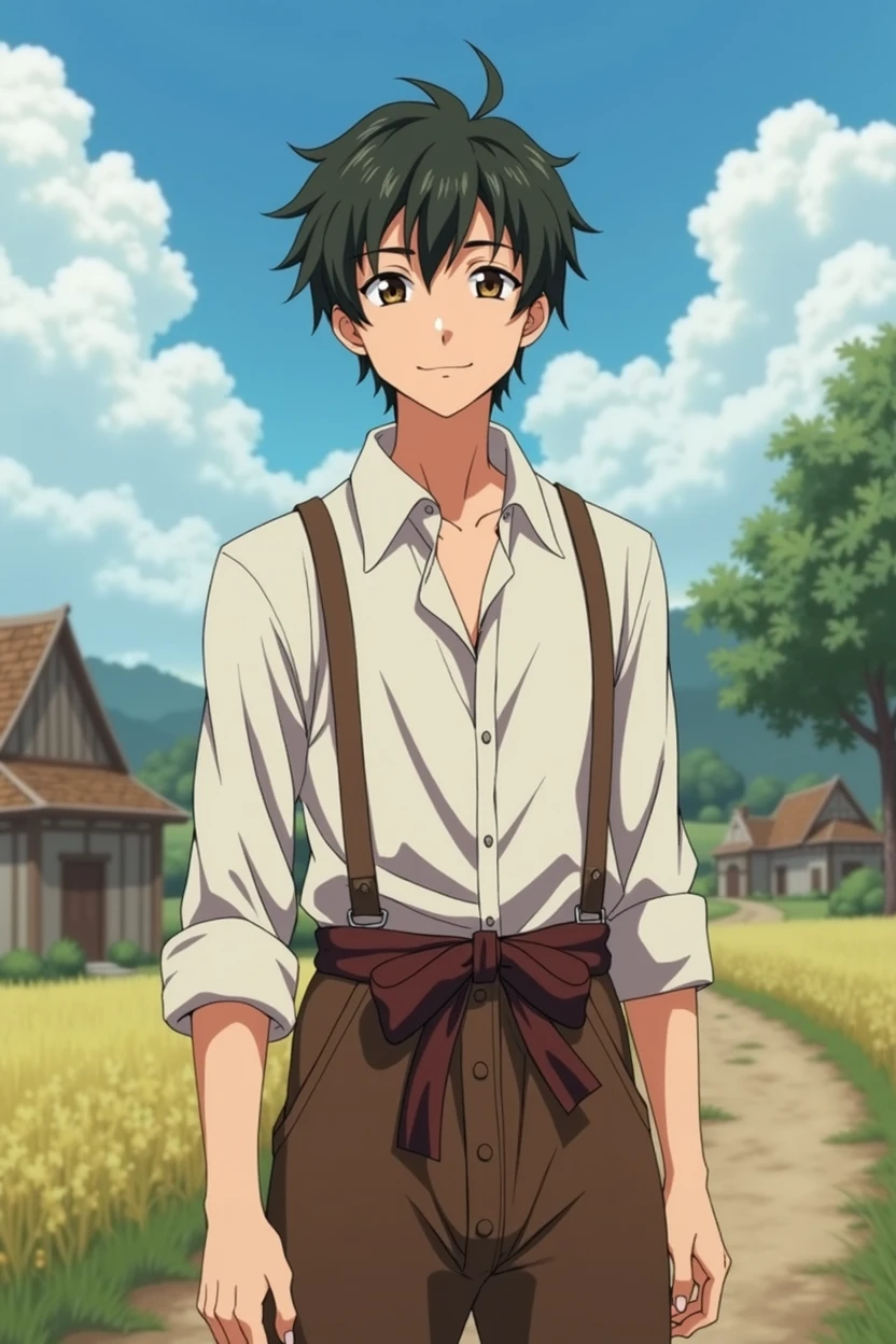 An 18-year-old young man with a gentle and kind face, still retaining a touch of youthfulness, standing in a medieval rural setting. He has a slightly pale complexion and a thin, delicate body. The background features a simple countryside environment with rustic elements like fields, cottages, or a small village. The image is in an anime style, highlighting his youthful appearance, pale skin, and the serene, rural atmosphere.
