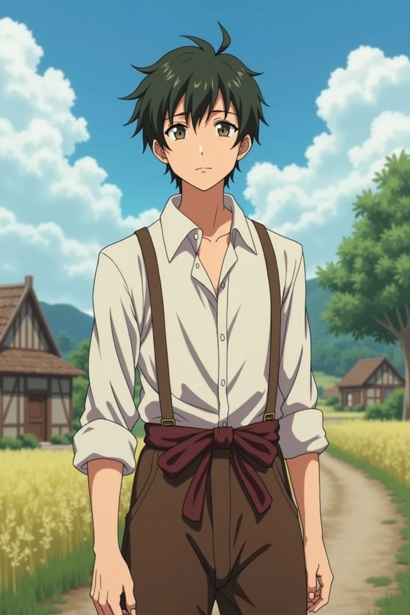 An 18-year-old young man with a gentle and kind face, still retaining a touch of youthfulness, standing in a medieval rural setting. He has a slightly pale complexion and a thin, delicate body. The background features a simple countryside environment with rustic elements like fields, cottages, or a small village. The image is in an anime style, highlighting his youthful appearance, pale skin, and the serene, rural atmosphere.