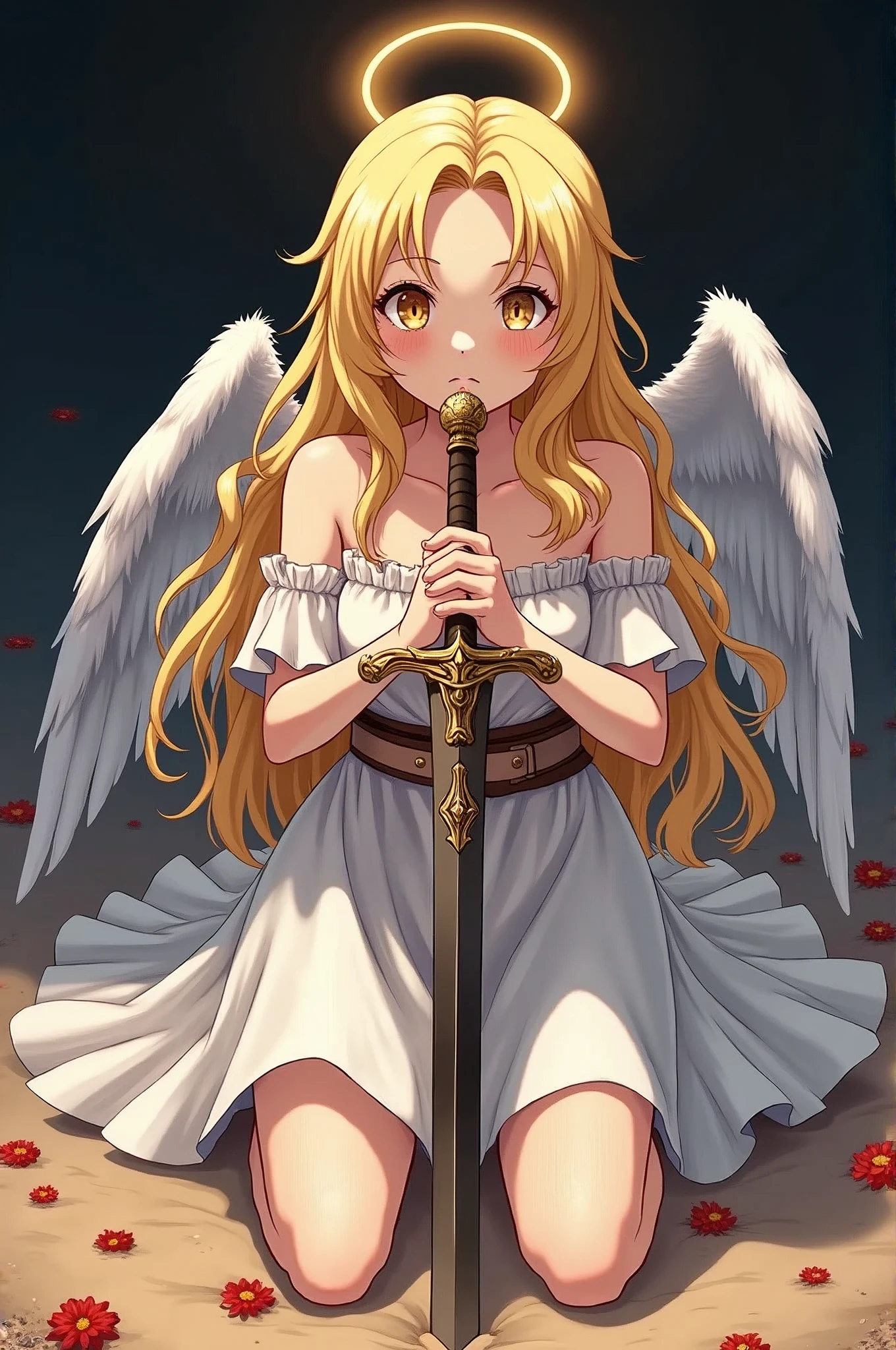 Detailed and vibrant anime-style illustration featuring a young woman with long, wavy blonde hair and fair skin. She is depicted kneeling on the ground, holding a large, ornate sword with both hands, the tip of which is embedded in the earth. She wears a white dress with a brown belt and has a golden halo above her head, signifying an angelic presence. Her expression is one of determination and resolve, with her eyes looking upwards. She also has white feathered wings extending from her back. The background is dark, contrasting with the bright figure, and there are small red flowers scattered on the ground around her. The overall composition is dynamic and emotive, capturing a moment of solemnity and strength. anime, anatomically correct, super detailed, high quality, 4K, high details, super detailed, 4k