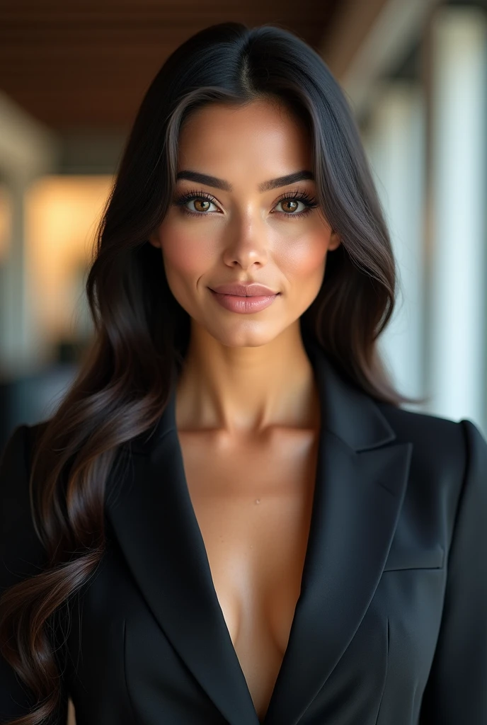 Latin woman, of 1,80 meters tall, thin brunette,  smooth black fur, large eyes, elongated profile , filena nose, medium thick lips,  professional, sophisticated executive, working in digital marketing and graphic design
