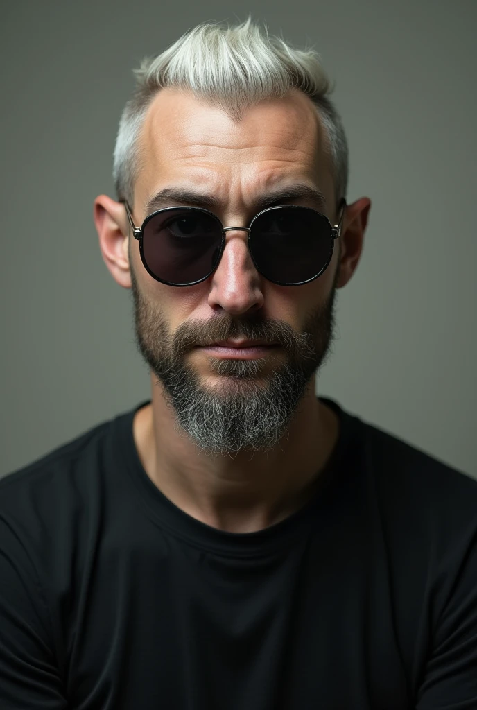 Caucasian man thin face drooping nose, white bearded, shaved head with no hair on the sides, round glasses with dark lenses,thin lips, black tee