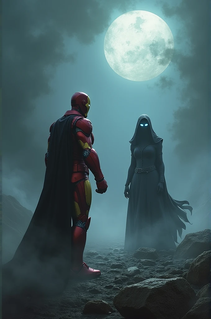 "On a dark, eerie battlefield, Iron Man from Avengers: Infinity War, clad in his red and gold nanotech armor, stands confidently with his hand raised, ready to fire a repulsor blast. Opposite him, Valak from The Nun emerges from the shadows, her ghostly figure draped in a dark, tattered habit, her malevolent eyes glowing with supernatural power. The two characters face each other in an intense showdown, with swirling fog and a faint, ominous moonlight casting long shadows on the ground."