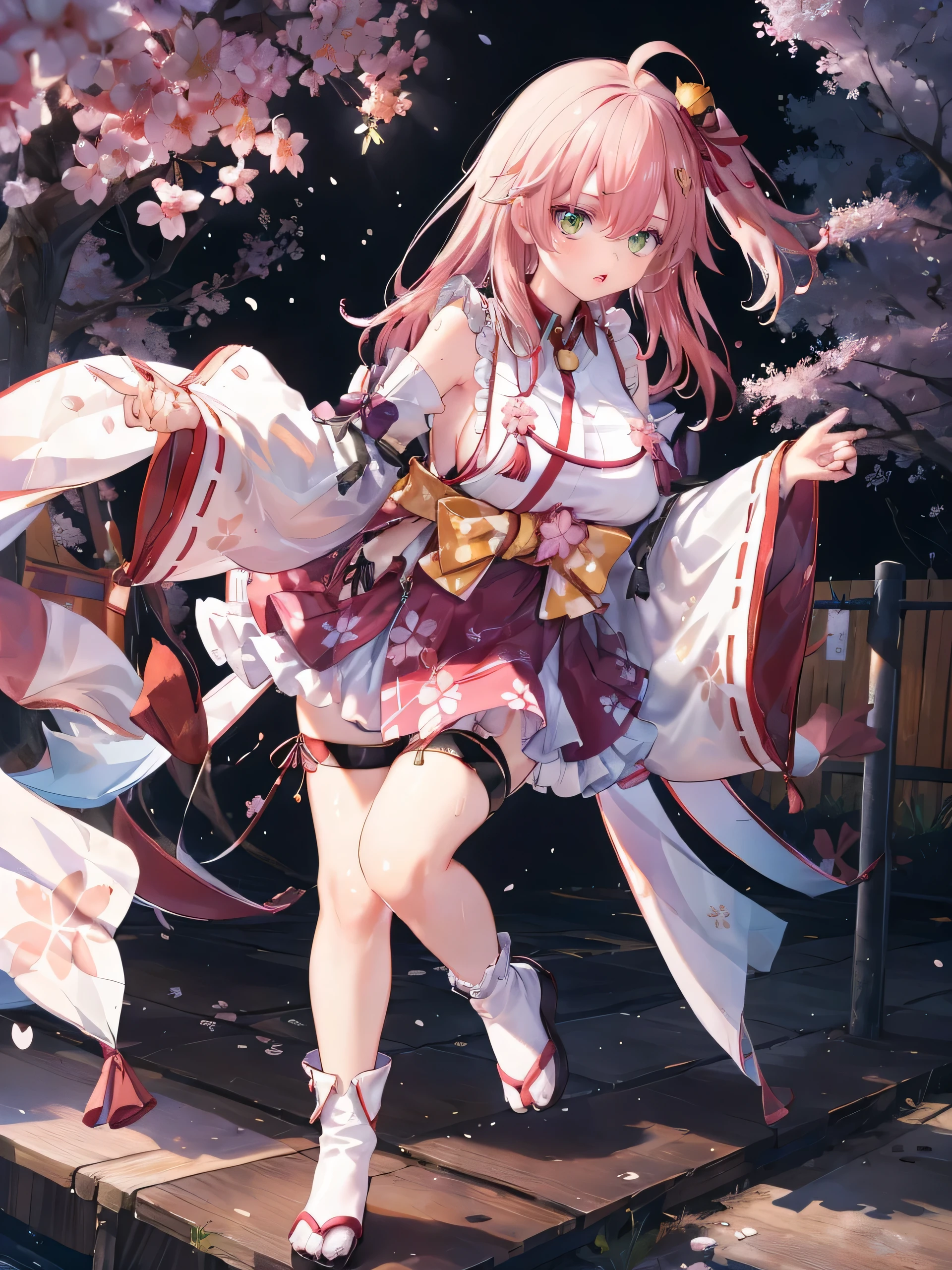 Plump thighs、Super huge breasts、カメラeye線、Embarrassed、(((Full body description)))、長いfoot、Sweat it out、SakuraFubuki、masterpiece, Highest quality, High resolution, Shrine maiden1, cherry blossoms_Shrine maiden, One person, big_tits, alone, Ahoge, Vatu_hair_ornament, pink_hair, Floral print, hairclip,(~ side_fewer_Clothes:1.5), (~ side_tits:1.5), hair_Bell, Floral print, length_hair, hair between eye, one ~ side up, White knee socks, asymmetrical footwear, wide sleeve, Open_mouth,(Happy:1.3),green_eye,big_smile,(rise_foot:1.3),Plump,Away_foots,(excessively_length_sleeve:1.3),),sleeve_past_hand首,hand_hidden_sleeve,~ sidelock_Clothes,dynamic_Pause,alone,hidden_hand首,(LOL:1.4),Covered_Nipples,sunlight,Cherry Blossom_background,