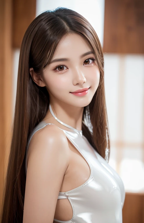 Latex bodysuit、Knee-high boots、Huge 、Long brown hair、Shiny, Oily skin、Glowing Skin、Indoor competition pool、White skin、(RAW Photos), (Realistic), (masterpiece), (Highest quality), High resolution, 8k resolution, (Intricate details), (Lightweight and voluminous), Portraiture, woman, Medium Hair, Straight hair, Layered Hair, Brown Hair, Highly detailed eye, Very thin eyebrows, Highly detailed skin, Highly detailed mouth, Highly detailed nose, Cute like an idol, smile, ((Thick lips)), ((look into the viewer'eye)), (Shapely breasts), (Cleavage), , (Westshot), Bright cafe terrace background with city view, Randomly oriented bodies