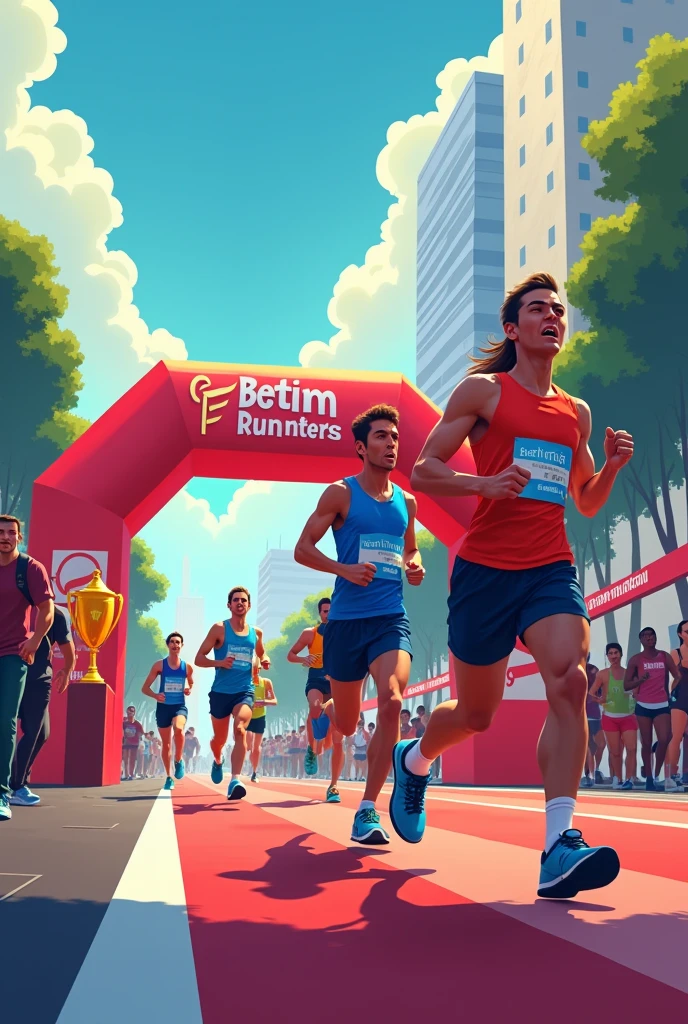 Race disclosure, track on the street, square, written sign "Betim Runners", red and blue colors, city background, 17/11/24, written caption "square do encontro", athlete chest number, medal, trophy, many athletes